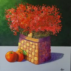 CANASTA CON FLORES Y DOS MANZANAS